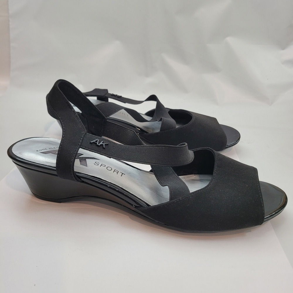 Anne Klein Sport AKMEME Wedge Sandals Womens 11 Black Elastic Straps Slingback - Picture 3 of 9
